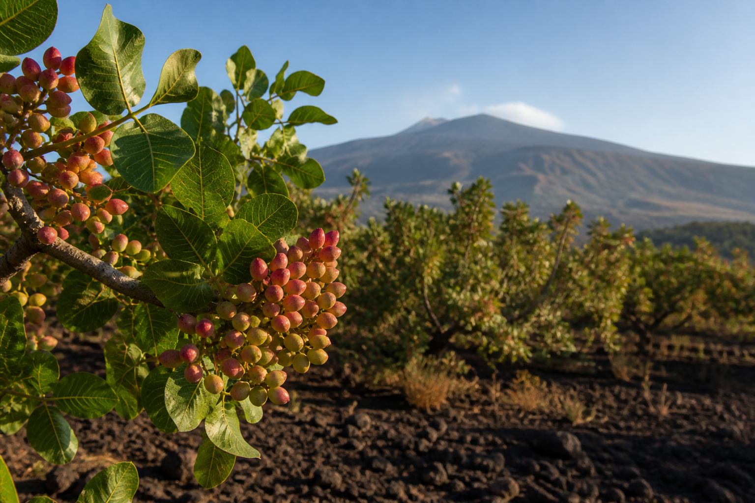 Pistacchio Verde di Bronte DOP con l’Etna sullo sfondo